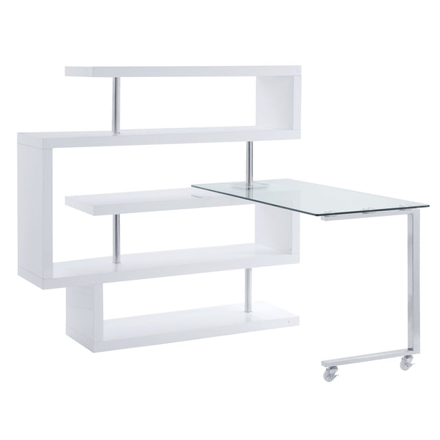 Buck II Writing Desk W/Bookshelf 93179 Clear Glass, Chrome & White High Gloss Finish | Acme - 93179 - Home Elegance USA - 1