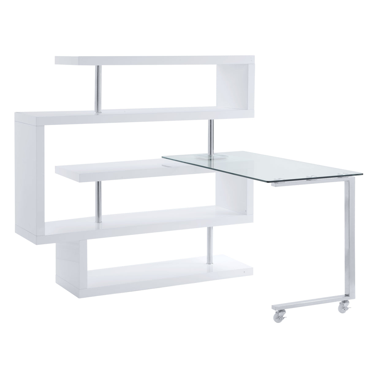 Acme - Buck II Writing Desk W/Bookshelf 93179 Clear Glass, Chrome & White High Gloss Finish