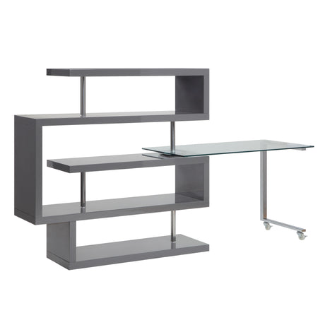 Acme - Buck II Writing Desk W/Bookshelf 93181 Clear Glass, Chrome & Gray High Gloss Finish