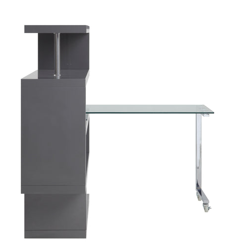 Acme - Buck II Writing Desk W/Bookshelf 93181 Clear Glass, Chrome & Gray High Gloss Finish