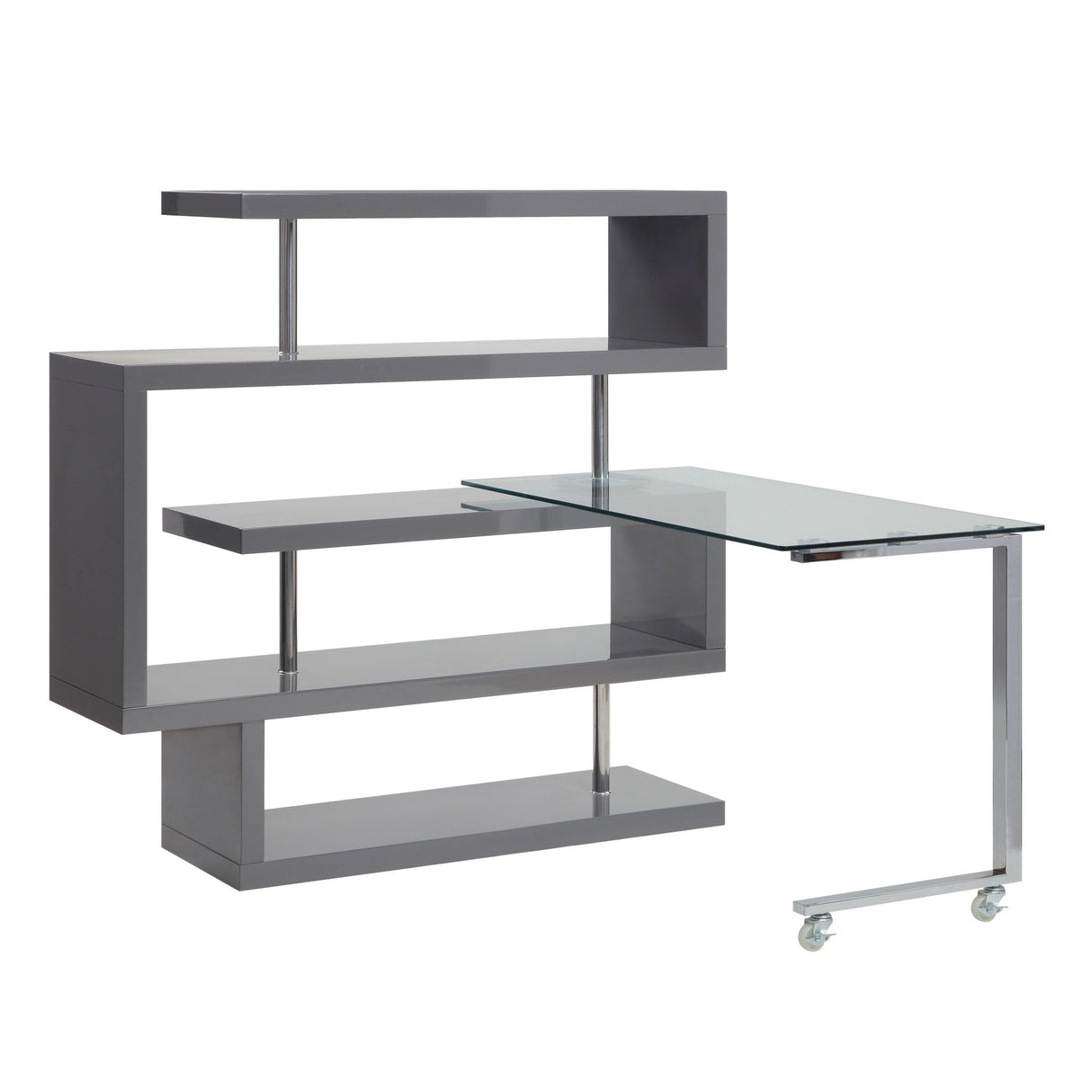 Buck II Writing Desk W/Bookshelf 93181 Clear Glass, Chrome & Gray High Gloss Finish | Acme - 93181 - Home Elegance USA - 1