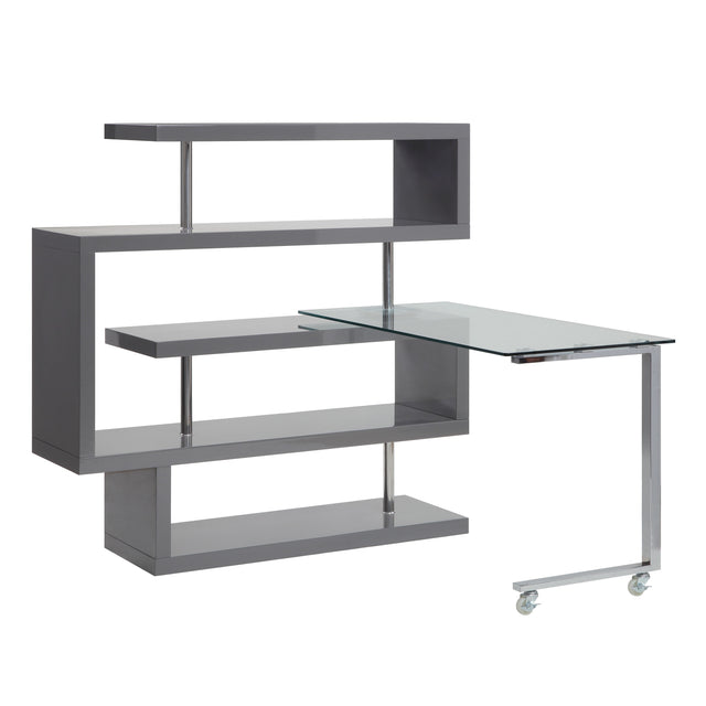 Acme - Buck II Writing Desk W/Bookshelf 93181 Clear Glass, Chrome & Gray High Gloss Finish