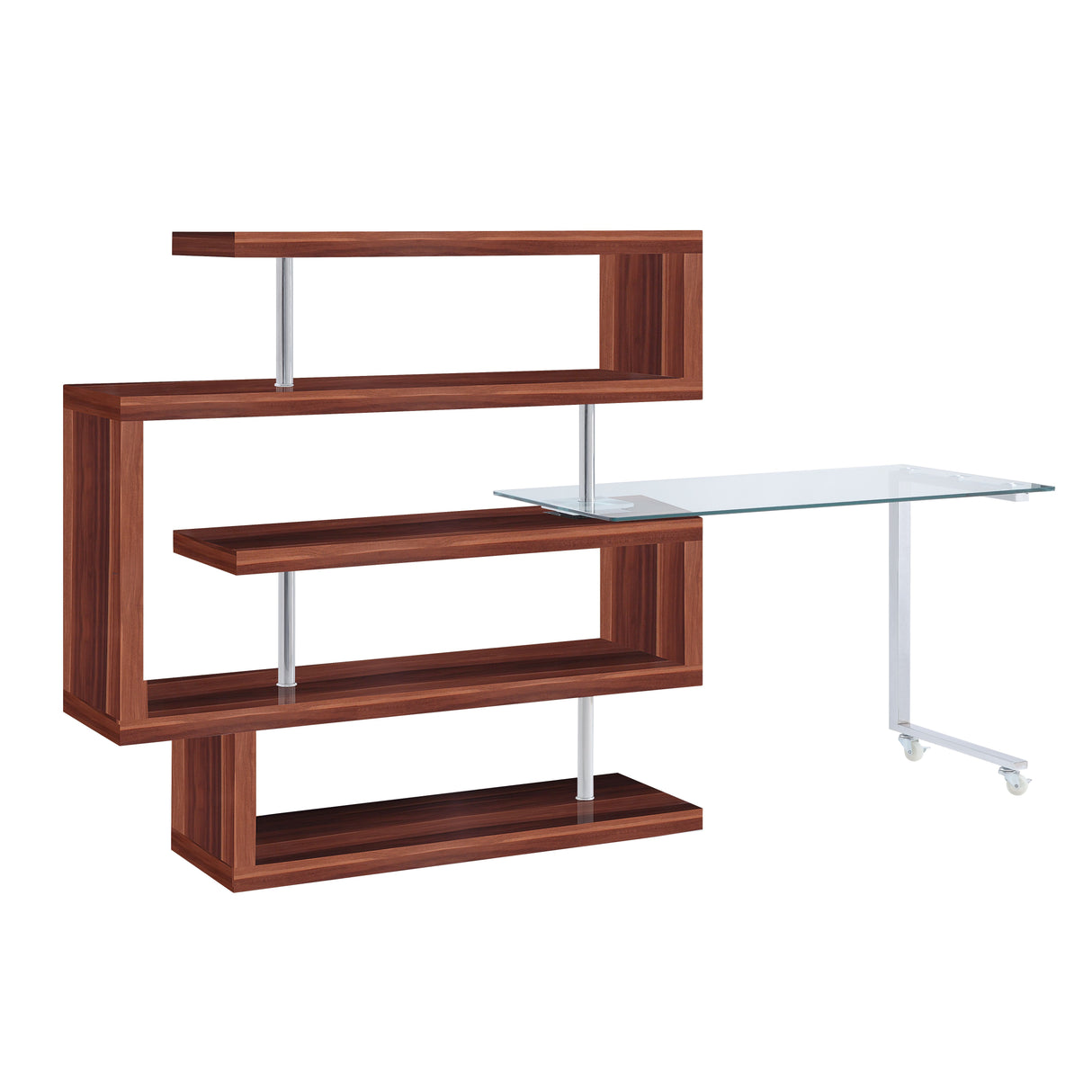 Acme - Buck II Writing Desk W/Bookshelf 93183 Clear Glass, Chrome & Walnut High Gloss Finish