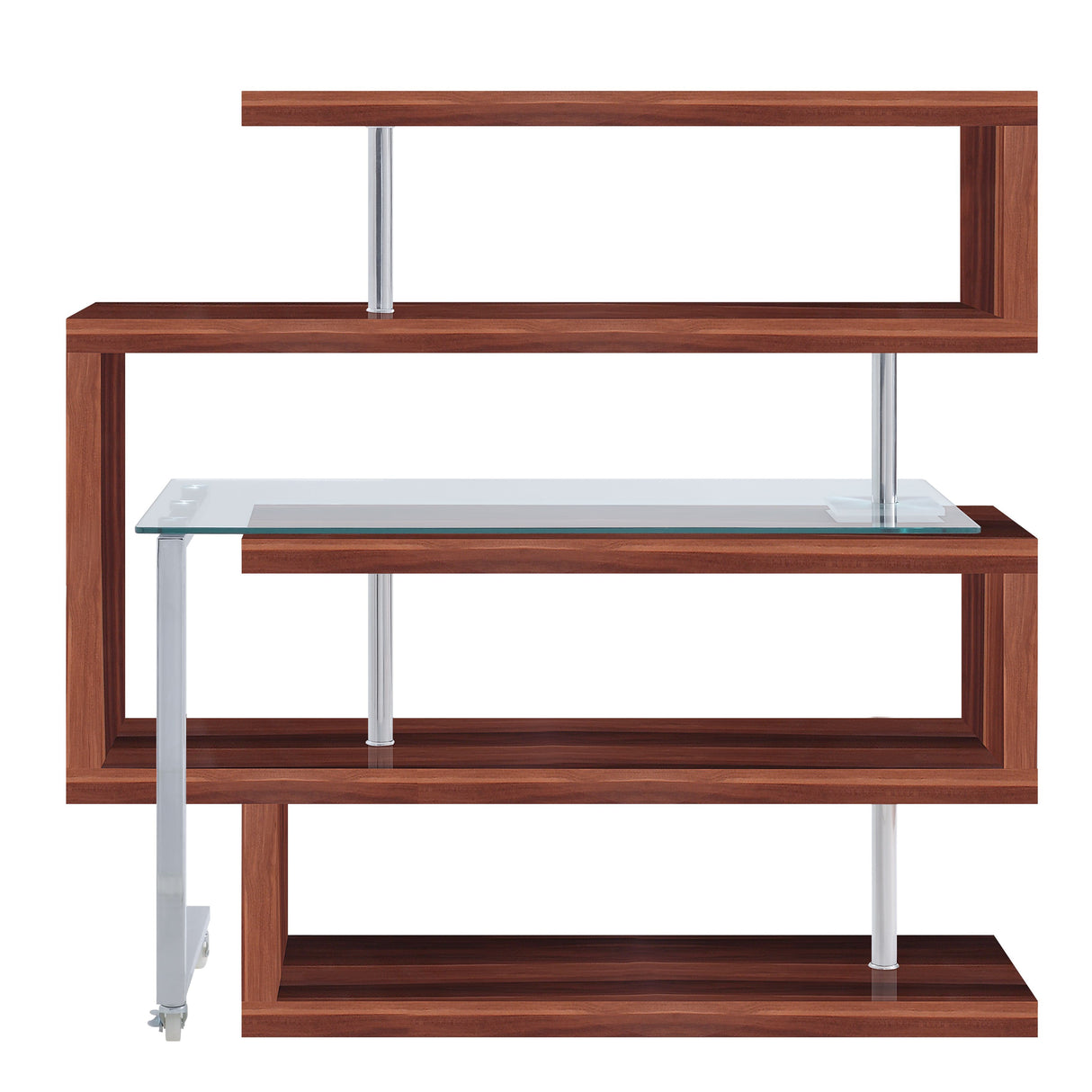 Acme - Buck II Writing Desk W/Bookshelf 93183 Clear Glass, Chrome & Walnut High Gloss Finish