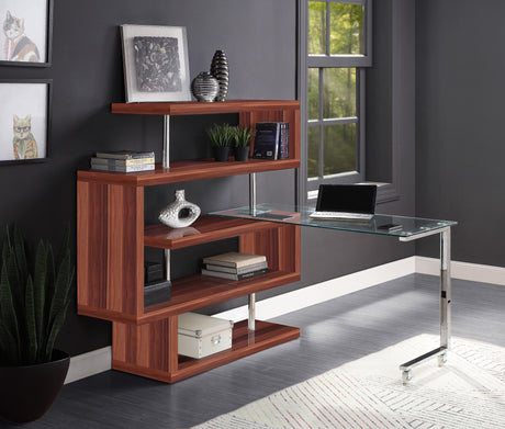 Acme - Buck II Writing Desk W/Bookshelf 93183 Clear Glass, Chrome & Walnut High Gloss Finish