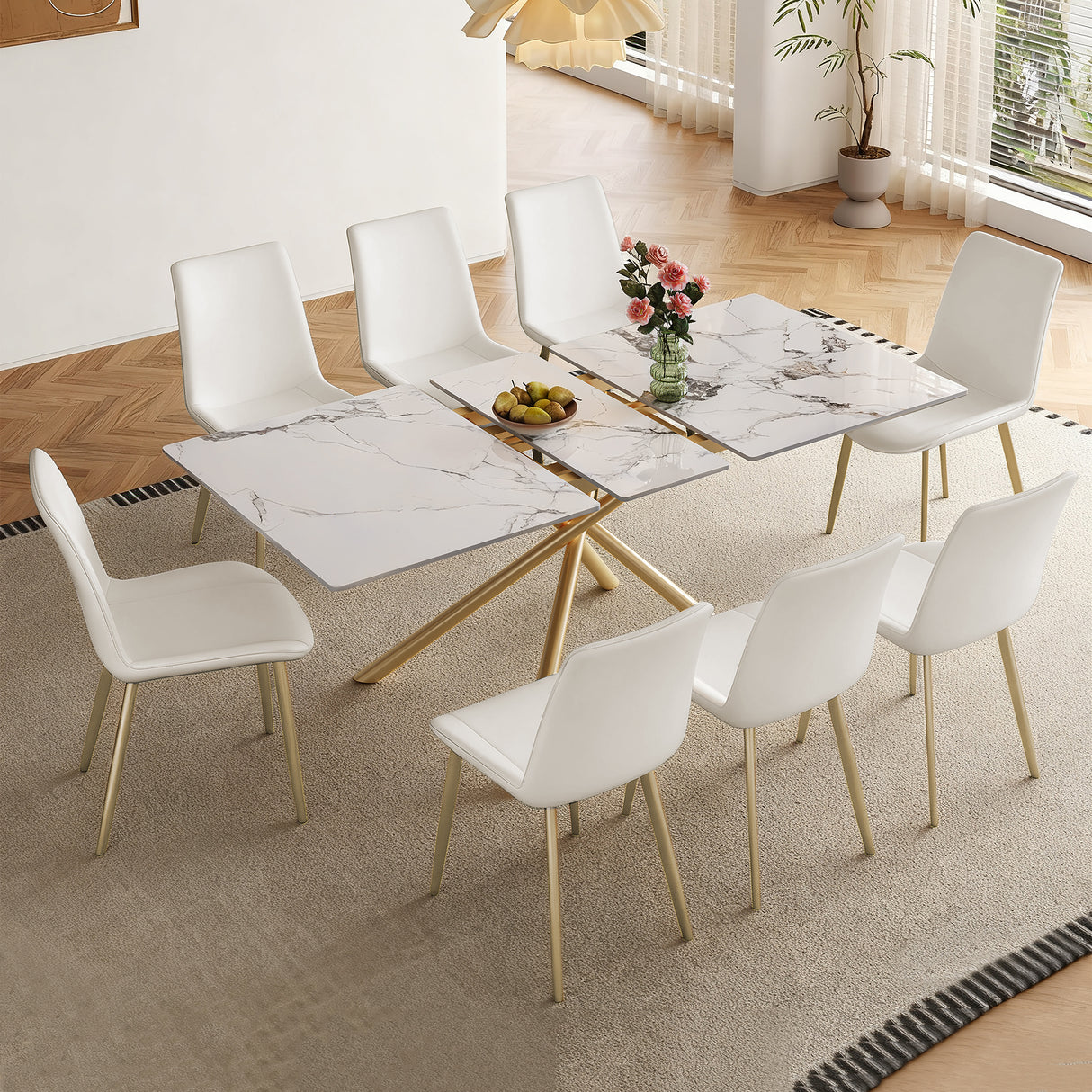 59-inch Modern rectangle Expandable Dining Table with Retractable Leaf, Charred Stone Top & Golden Carbon Steel X-Base, 8 Person Sturdy Table Set with 8 White PU Chairs for Small Apartments, Kitchen