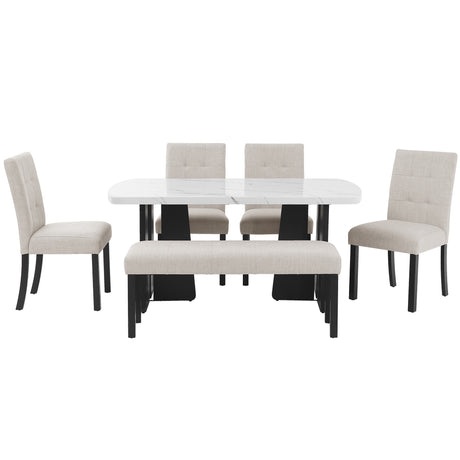 6 Piece Modern Dining Table Set, 63' Faux Marble Dining Table with Geometric Legs & 4 Upholstered Chairs & 1 Bench, Suitable for Dining Kitchen Room,Easy to Assemble, Beige + White - sold by Home Elegance USA