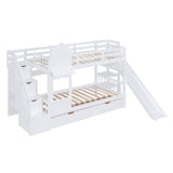 Twin-Over-Twin Castle Style Bunk Bed with 2 Drawers 3 Shelves and Slide - White - Home Elegance USA