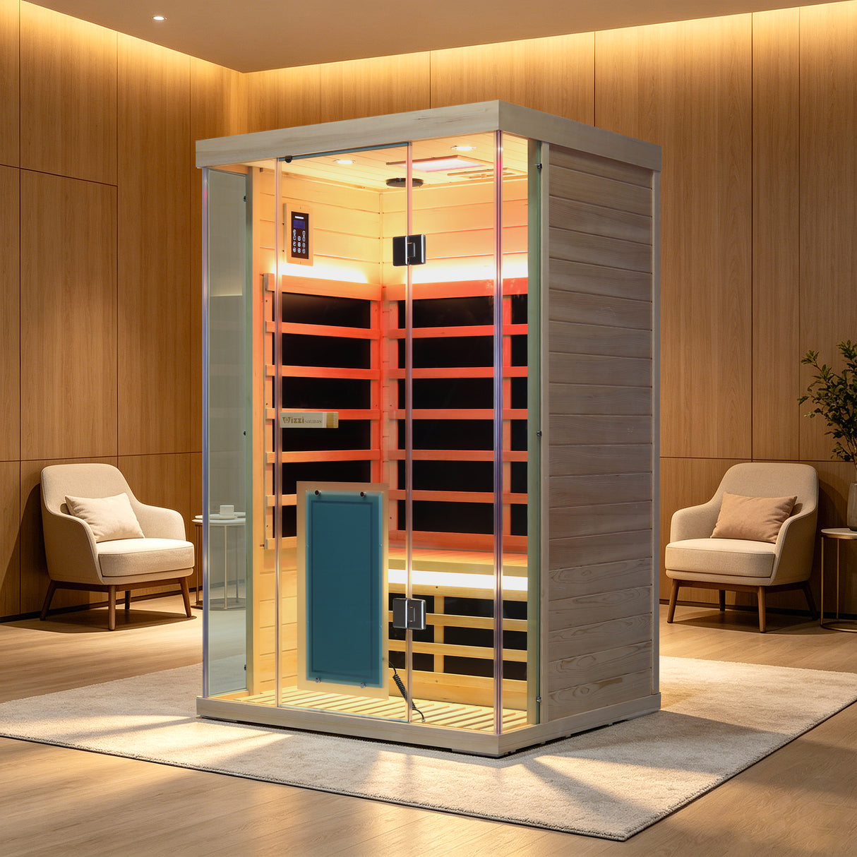 Two-person far infrared hemlock sauna room