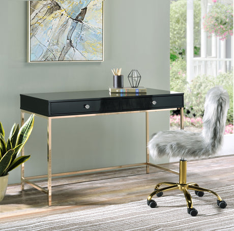 Acme - Ottey Writing Desk 93540 Black High Gloss & Gold Finish