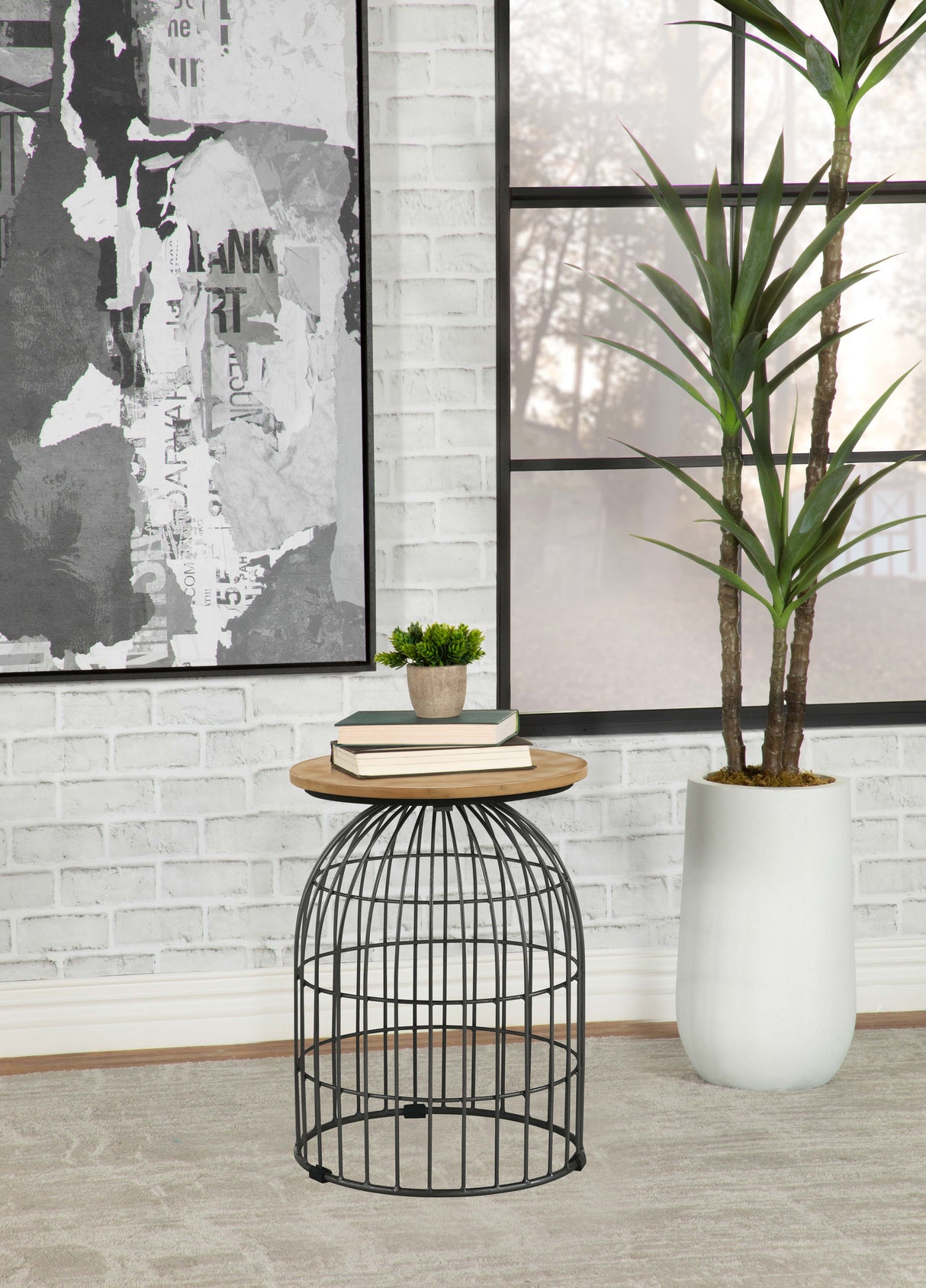 Side Table - Bernardo Round Accent Table with Bird Cage Base Natural and Gunmetal