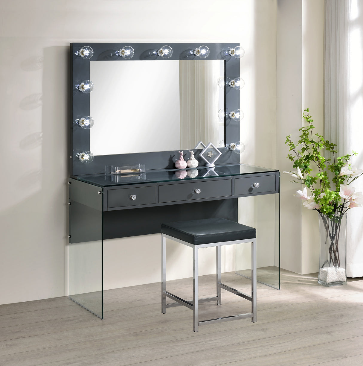 Afshan 3 - drawer Vanity Desk with Lighting Mirror Grey High Gloss | Coaster - 935923 - Home Elegance USA - 3