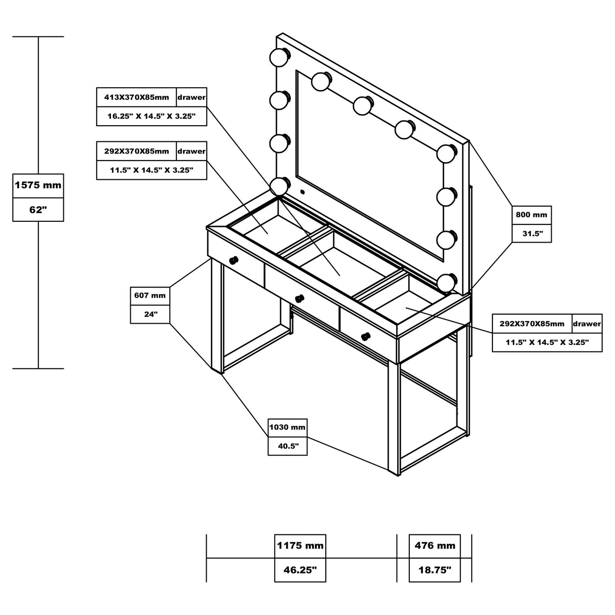 Vanity Table & Mirror - Umbridge 3-drawer Vanity with Lighting Chrome and White