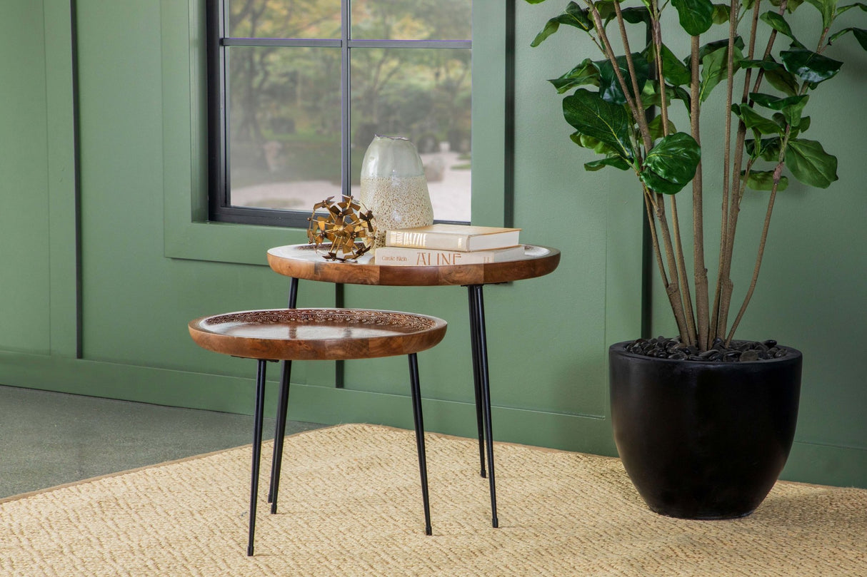 2 Pc Nesting Table - Nuala 2-piece Round Nesting Table with Tripod Tapered Legs Honey and Black