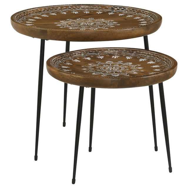 2 Pc Nesting Table - Nuala 2-piece Round Nesting Table with Tripod Tapered Legs Honey and Black