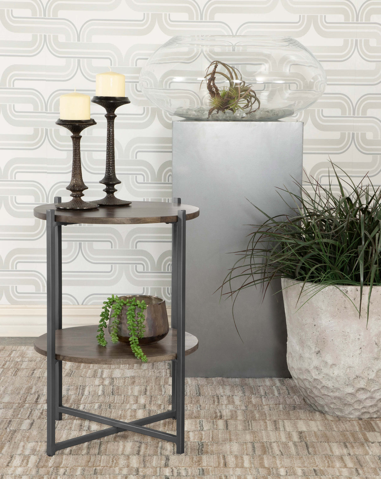 Side Table - Axel Round Accent Table with Open Shelf Natural and Gunmetal