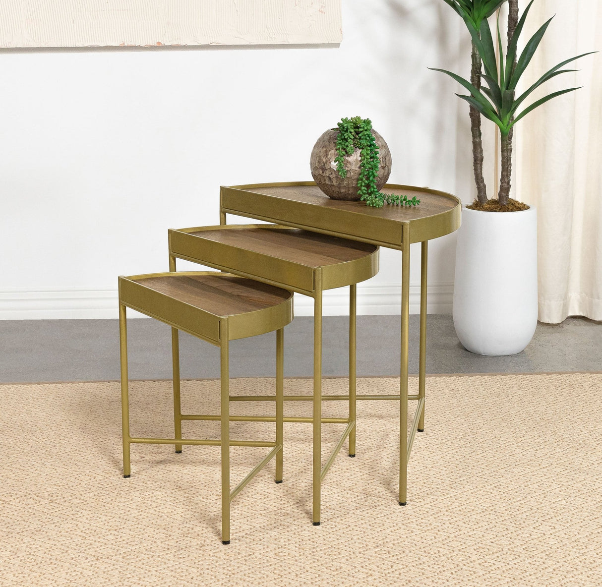 3 Pc Nesting Table - Tristen 3-Piece Demilune Nesting Table With Recessed Top Brown and Gold