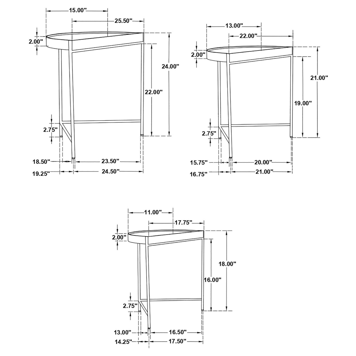 3 Pc Nesting Table - Tristen 3-Piece Demilune Nesting Table With Recessed Top Brown and Gold