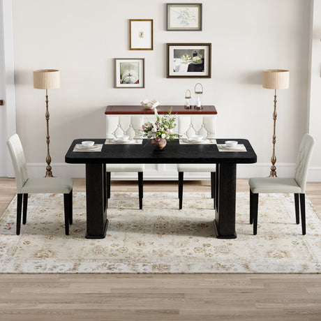 Table and chair set.64.5 x 35.4 Inch Stylish Black Wood Color Textured Dining Table.4-pack white PU dining chairs: ergonomic buckle backrest.Exudes A Strong Sense Of Fashion. - sold by Home Elegance USA