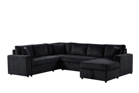 Rinaldo 123'W Black Corduroy Sleeper Sectional Sofa with Right-Facing Storage Chaise and Throw Pillows - sold by Home Elegance USA