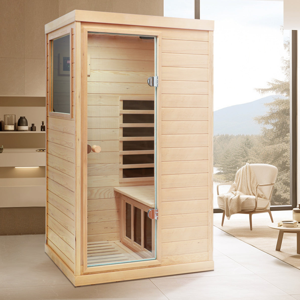 Canadian Hemlock wood one person Far infrared door on the Left of the indoor sauna room