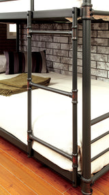 Twin Over Twin Over Twin Bunk Bed Industrial Style Metal Structure Attached Dual Ladder Upper Guard Rails Pipe Framework Antique Black Finish - sold by Home Elegance USA
