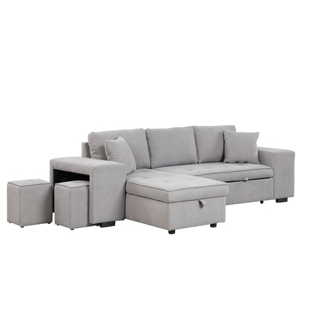 Modern Reversible L-Shape Pull Out Sleeper Sofa with Storage Chaise and Stools, Gray Linen, 104.5' - sold by Home Elegance USA