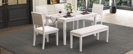 TREXM Vintage Extendable Dining Table Set for 6 with 4 Chairs & Bench, 59 to 72-Inch Rustic Farmhouse Kitchen Table Set with Distressed Finish and Retro Carved Legs (Washed White) - sold by Home Elegance USA