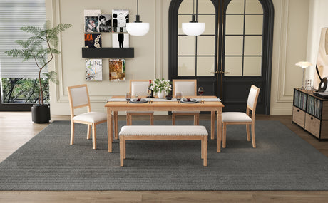 TREXM Vintage Extendable Dining Table Set for 6 with 4 Chairs & Bench, 59 to 72-Inch Rustic Farmhouse Kitchen Table Set with Distressed Finish and Retro Carved Legs (Natural Wood Wash) - sold by Home Elegance USA