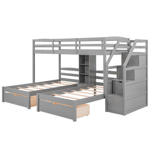 Gray Twin over Twin & Twin Bunk Bed with Drawers, Staircase Storage, Built-in Shelves, Pine Wood Frame, 115.3''L x 79.75''W x 64.4''H