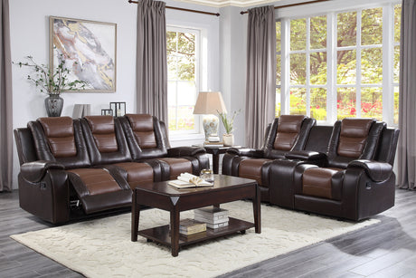 Briscoe Double Reclining Sofa with Drop-Down Cup Holders Dark Brown – Homelegance