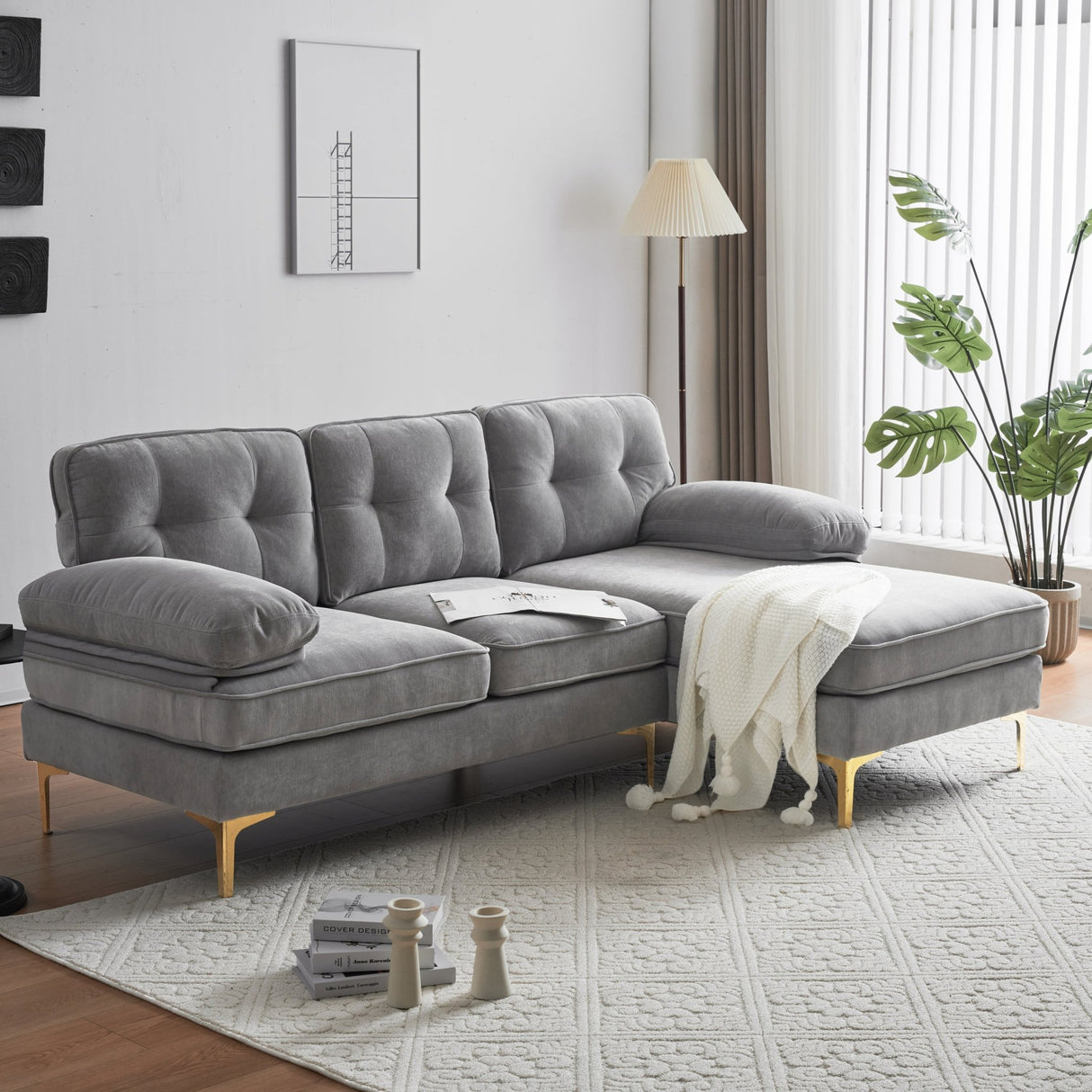 83" Modern Sectional Sofas Couches Velvet L Shaped Couches for Living Room, Bedroom, Light Grey - SG000980AAE - image - 32