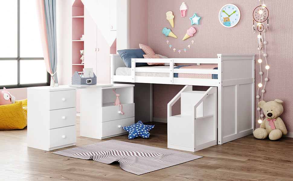 Loft Bed Low Study Twin Size Loft Bed With Storage Steps and Portable,Desk,White(OLD SKU: LT000101AAK) - Home Elegance USA