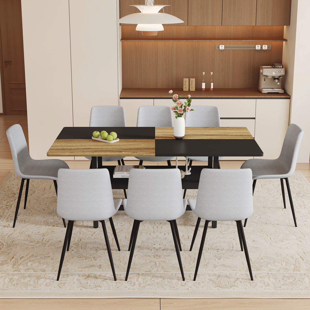 Table and chair set.71*35.4 inch Wooden And Black Spliced Dining Table With Storage Function In The Middle Of The Table Legs.Paired With 8 Light Gray Linen Dining Chairs With Curved Widened Cushion.