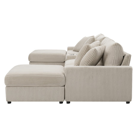 141.5*64'' Corduroy Sectional Sofa with Bluetooth Speakers, U-Shaped Couch with Console, USB Charger, Cup Holders, Storage, Ottoman, Deep and Wide Seat Cloud Sofa for Living Room&Apartment - sold by Home Elegance USA