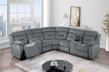 Contemporary Style Power Reclining Sectional Set Two Console Cup Holder Power Motion Dark Gray Finish Primary Living Room - sold by Home Elegance USA