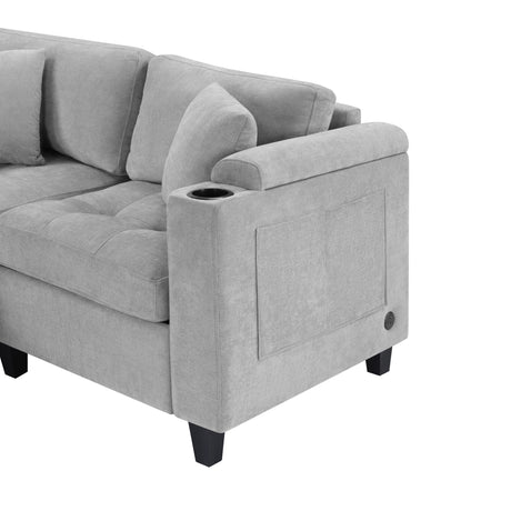 Modern U-shaped Sectional Sofa 115.7' Corner Living Room Couch with Built-in Cup Holders, Storage, USB Ports in Light Grey Chenille Fabric - sold by Home Elegance USA