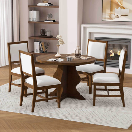 TREXM Farmhouse 5-Piece Dining Table Set with 4 Upholstered Chairs, Wood Extendable Dining Table with 15.7' Leaf for Extra Seating for Dining Room, Kitchen and Living Room (Brown) - sold by Home Elegance USA