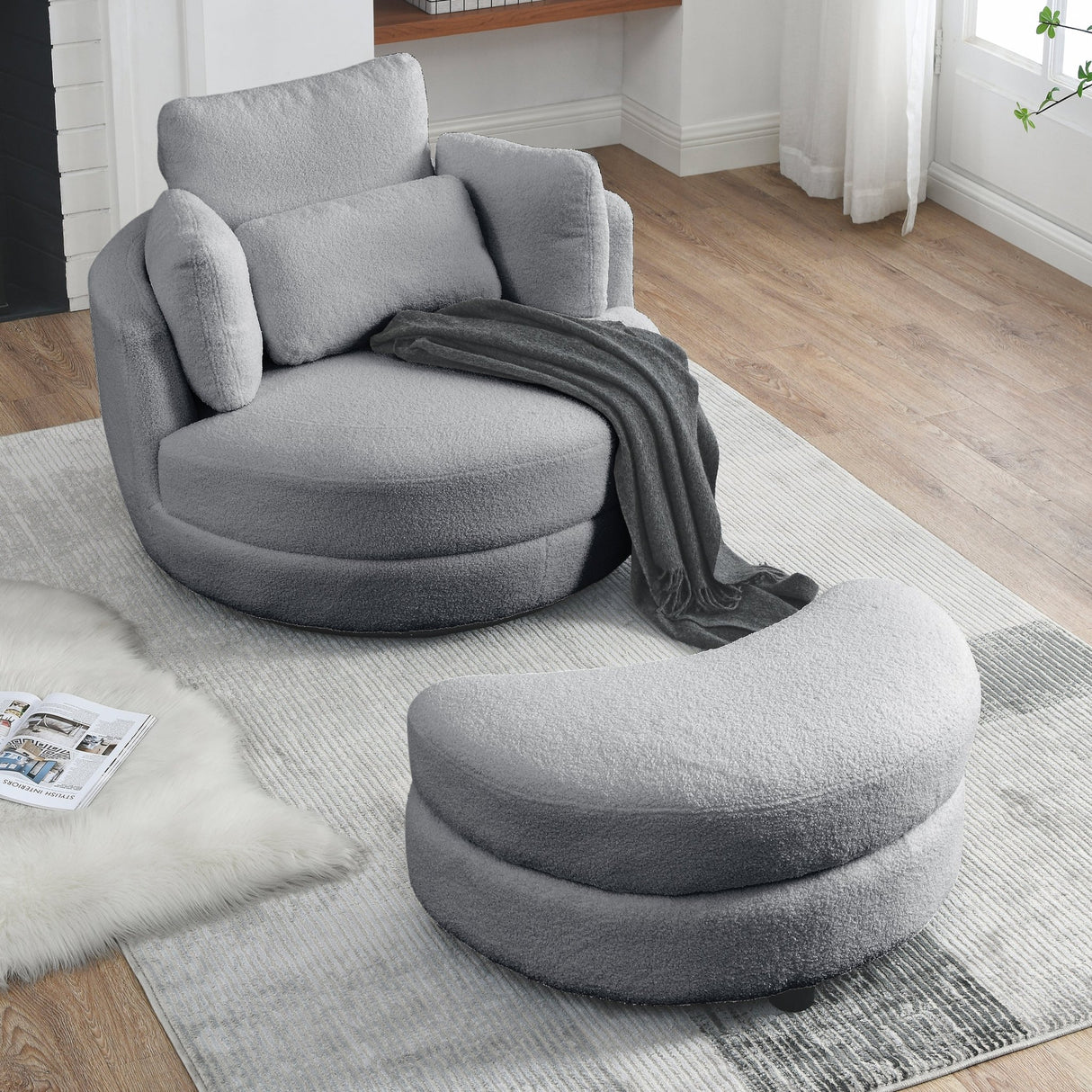 39"W Oversized Swivel Chair with moon storage ottoman for Living Room, Modern Accent Round Loveseat Circle Swivel Barrel Chairs for Bedroom Cuddle Sofa Chair Lounger Armchair, 4 Pillows, Teddy Fabric - W83489913 - image - 1