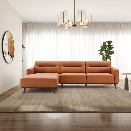 Ella Mid Century Modern L-Shaped Cognac PU Leather Left Sectional Couch with Solid Wood Frame - sold by Home Elegance USA