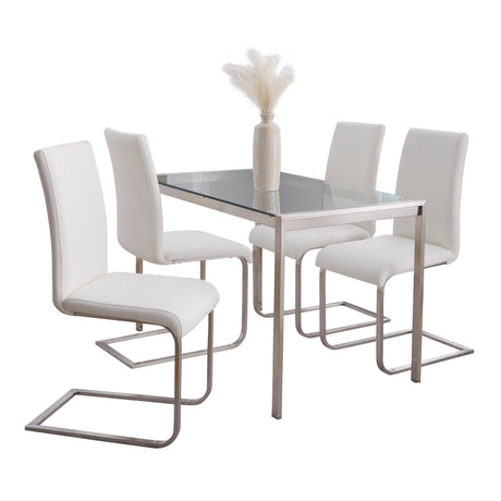 Fuji-Foster Contemporary Dining Set in Stainless Steel, Clear Glass and White Faux Leather by LumiSource - 5 Piece - sold by Home Elegance USA