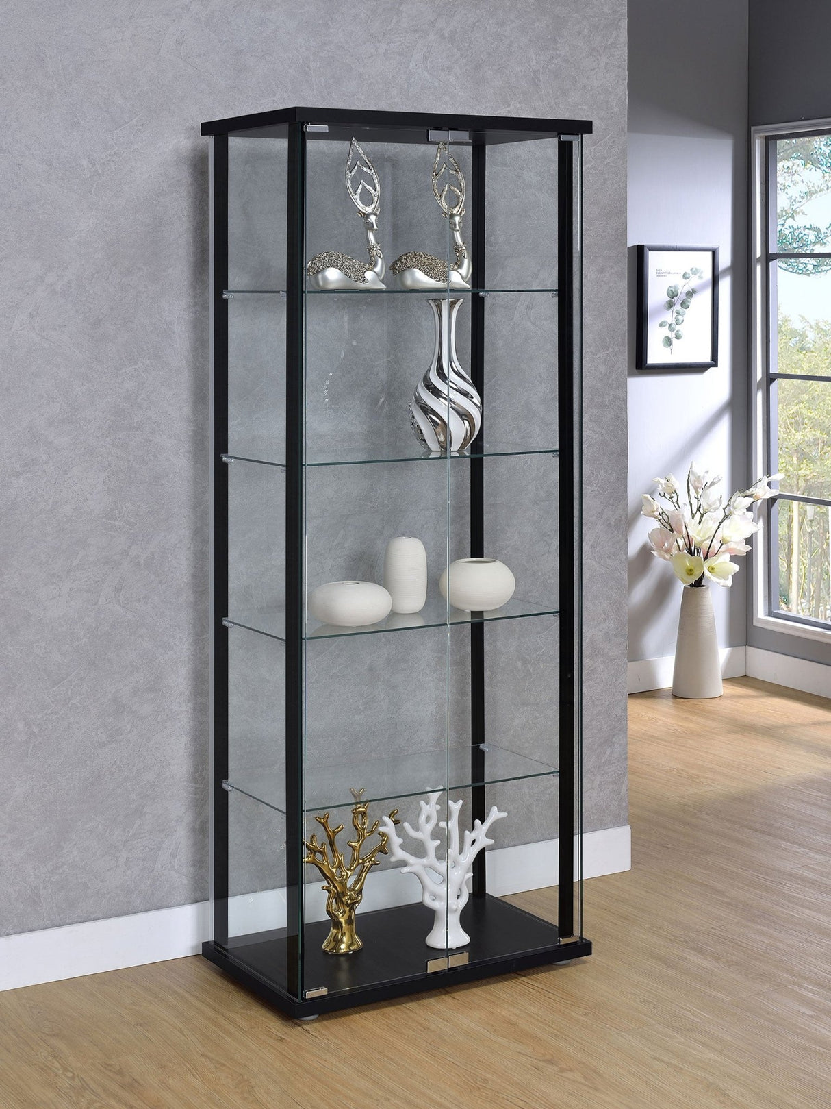 Delphinium 5 - shelf Glass Curio Cabinet Black and Clear | Coaster - 950170 - Home Elegance USA - 2