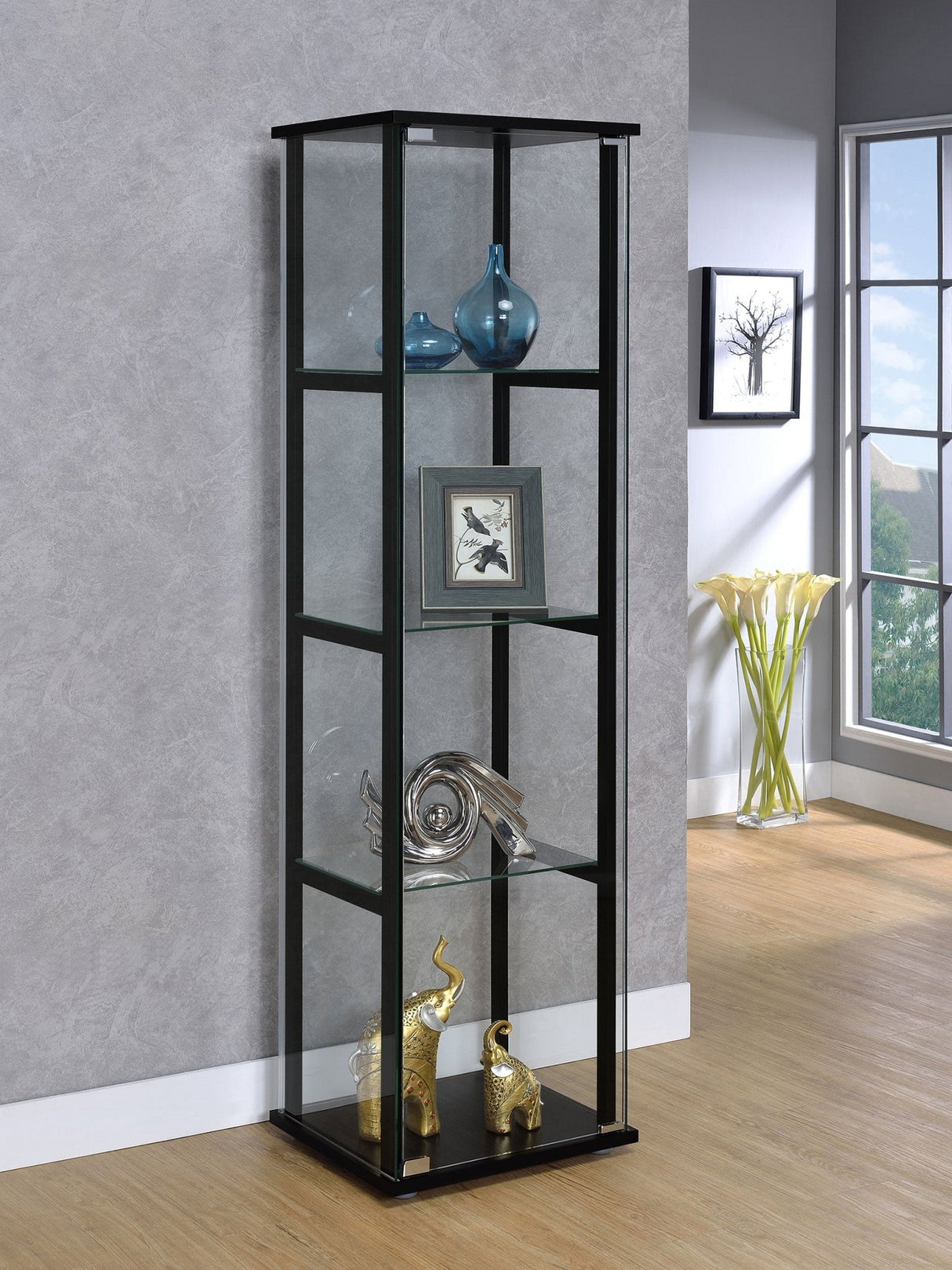 Cyclamen 4 - shelf Glass Curio Cabinet Black and Clear | Coaster - 950171 - Home Elegance USA - 2