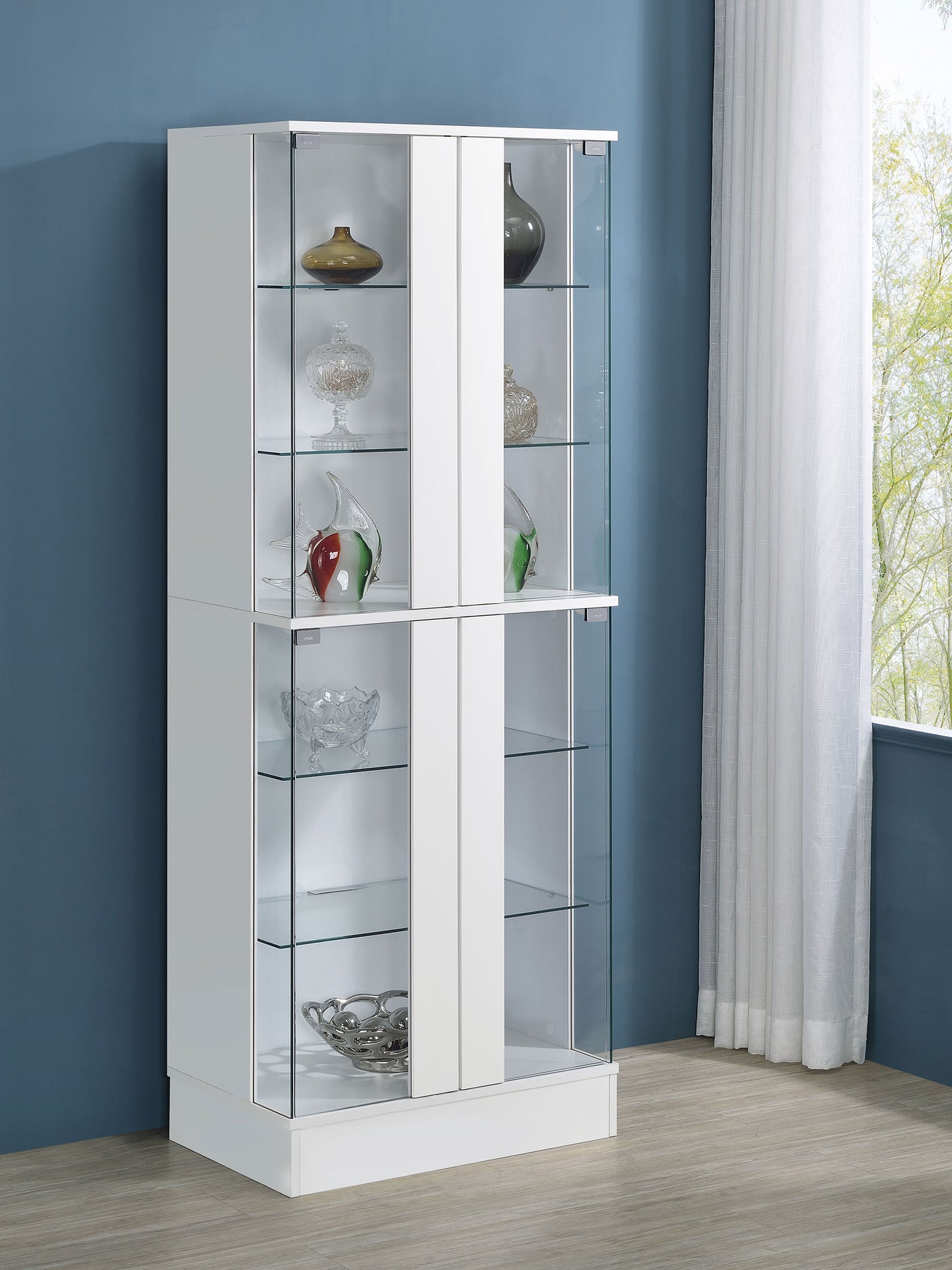 Curio Cabinet - Cabra Display Case Curio Cabinet with Glass Shelves and LED Lighting White High Gloss