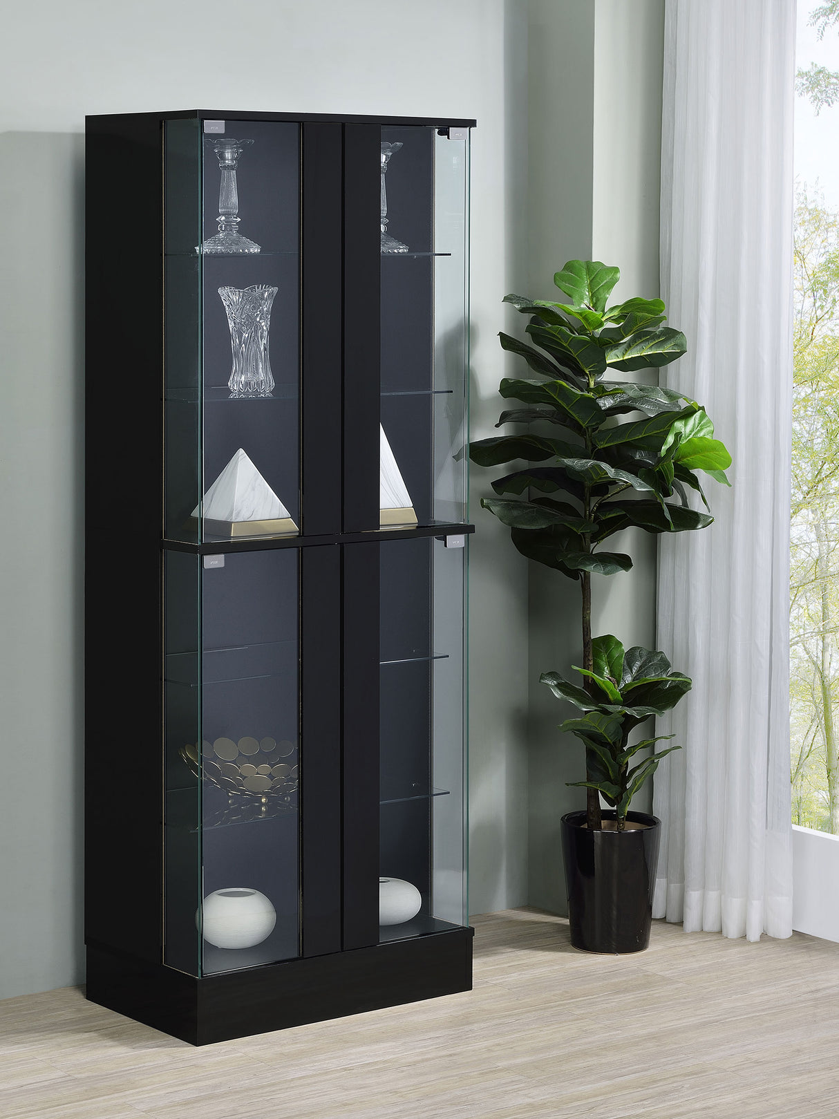 Curio Cabinet - Cabra Display Case Curio Cabinet with Glass Shelves and LED Lighting Black High Gloss