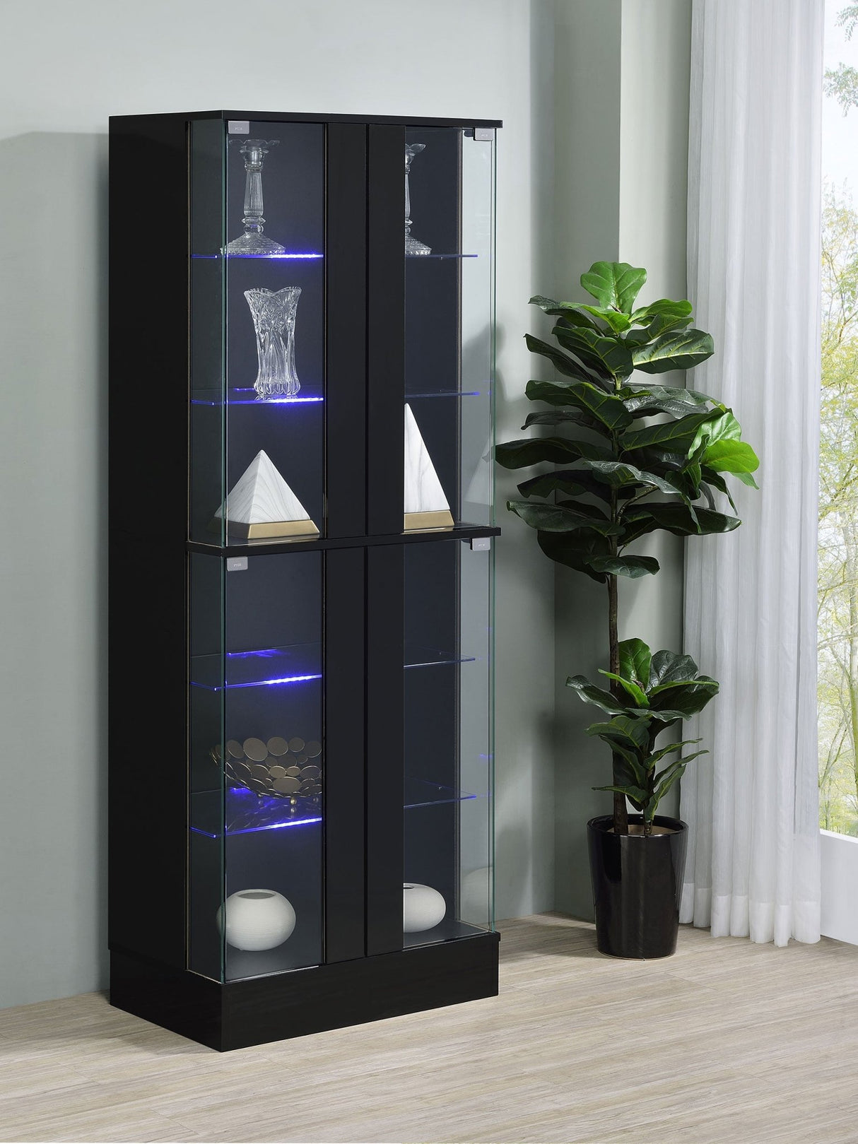 Cabra Display Case Curio Cabinet with Glass Shelves and LED Lighting Black High Gloss | Coaster - 950398 - Home Elegance USA - 3