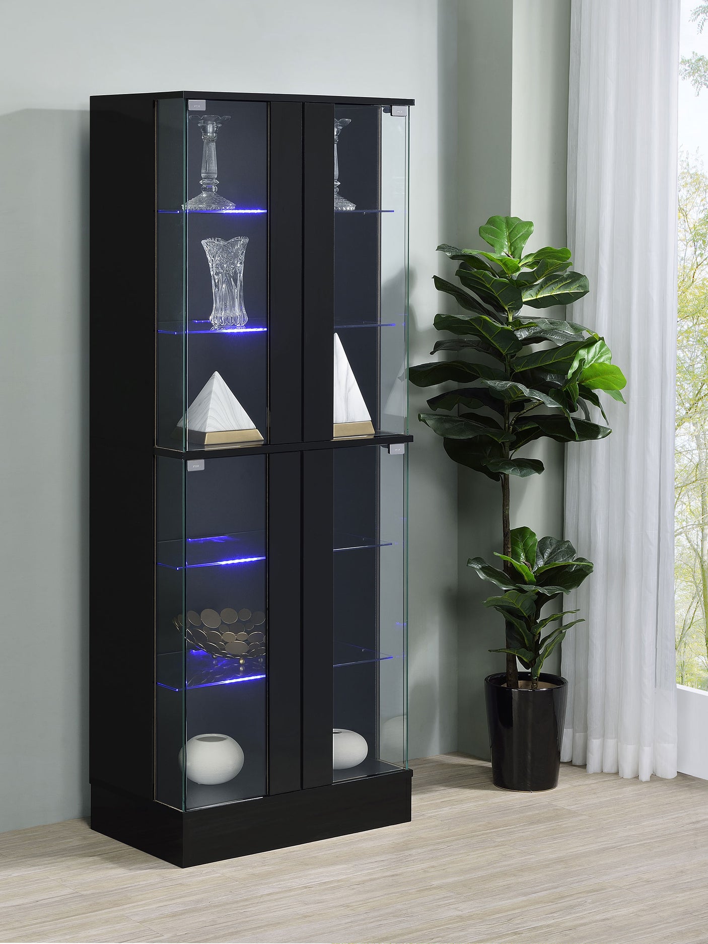 Curio Cabinet - Cabra Display Case Curio Cabinet with Glass Shelves and LED Lighting Black High Gloss