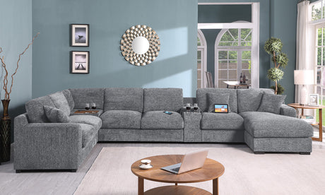 Chiara 141.5'W Light Gray Chenille Fabric Corner Sectional Sofa with Right-Facing Chaise, Cupholders, and Charging Ports - sold by Home Elegance USA