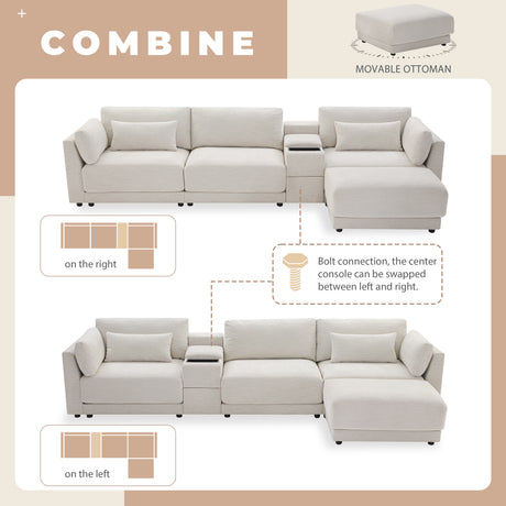 124'' L-Shaped Sectional Sofa with Multi-Functional Storage Console, Wired&Wireless Charger, Movable Ottoman, Wider&Thicker Cushion, Free Combination for Living Room&Apartment, Chenille - sold by Home Elegance USA