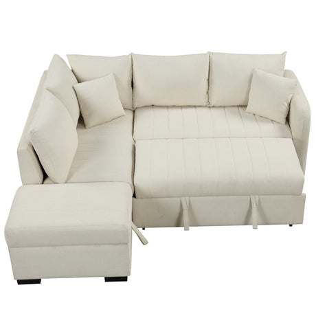 Modern L-shaped Sectional Pull Out Sofa Bed with USB Ports and Storage Ottoman, Beige, Jacquard Fabric, 82.6' - sold by Home Elegance USA
